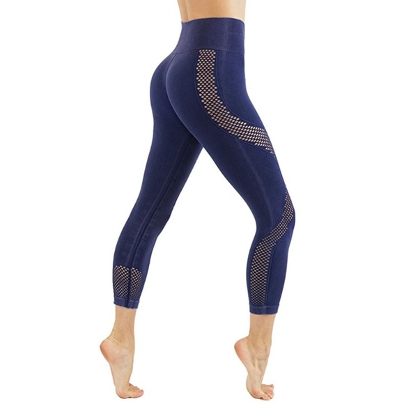 itzone Pants - Seamless Fade Blue yoga leggings workout pants mesh laser cut mid waist